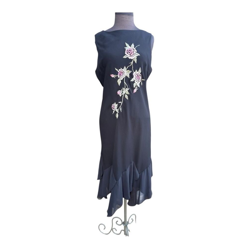 Y2K Black Sheer Hem Dress Asymmetric Dark Romantic Embroidered Roses Size 14